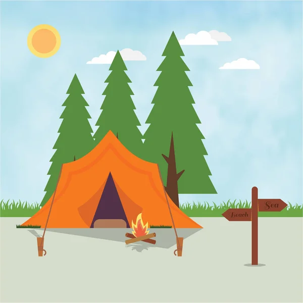 Campamento de verano con hoguera — Vector de stock