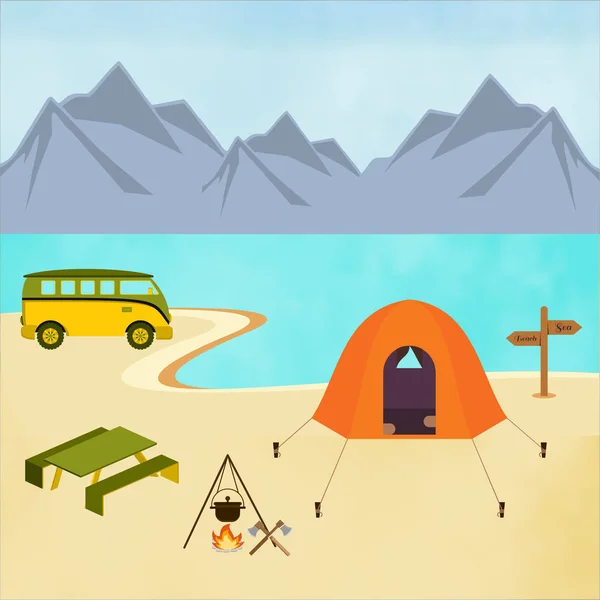 Campamento de verano en la orilla del lago — Vector de stock