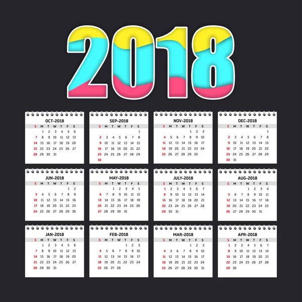 Calendario 2018 año — Vector de stock