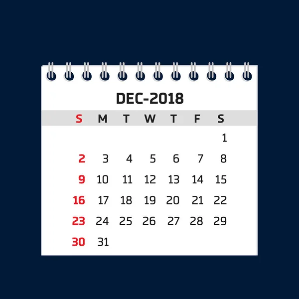 December calendar for 2018 — Stock Vector