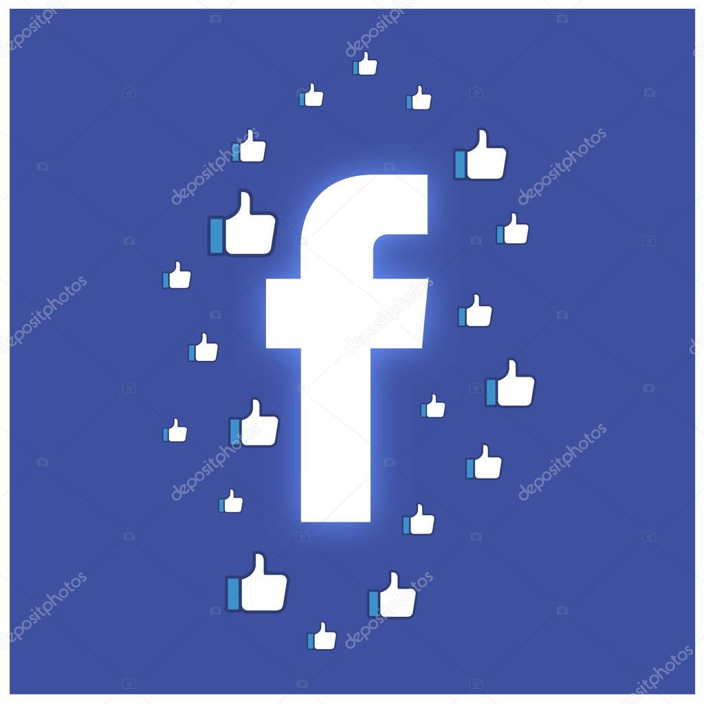 Facebook Neon Button with Like thumbs around the logo, vector, illustration