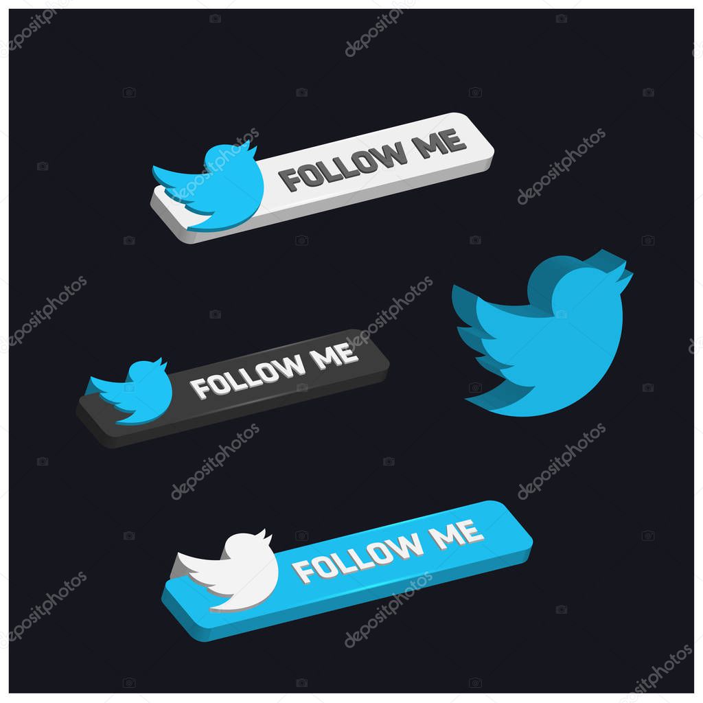 Follow Me Twitter 3d buttons with birds, vector, illustration