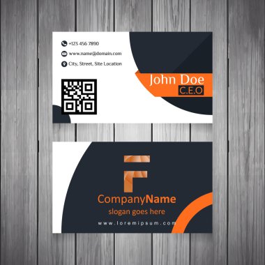 Beyaz, mavi ve turuncu soyut Qr Code ve soyut F logosu ile ahşap arka plan üzerinde dairesel kartvizit