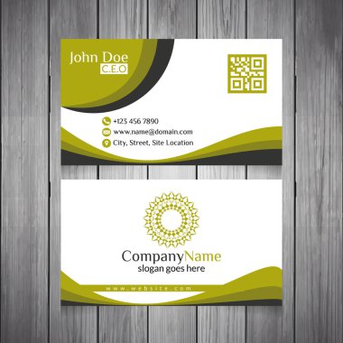 Yeşil soyut tasarım Elemetn kartvizit Qr Code ve soyut Mandala Logo ahşap zemin üzerine tonları