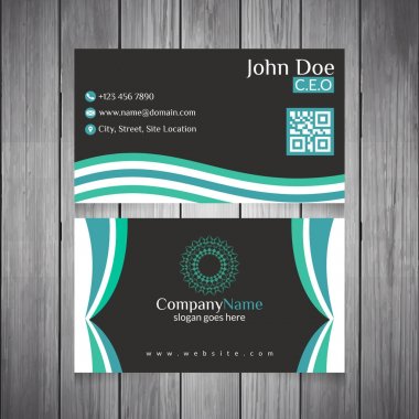 Qr Code ve soyut Mandala Logo ahşap zemin üzerine yeşil ve gri soyut iş kartı tonları