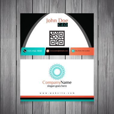Qr Code ve soyut Mandala Logo ahşap zemin üzerine çok renkli soyut kartvizit