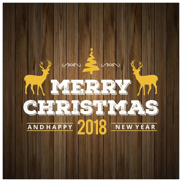 塗装ホリデイ タイポグラフィと木製の背景に鹿クリスマス グリーティング カード — ストックベクタ