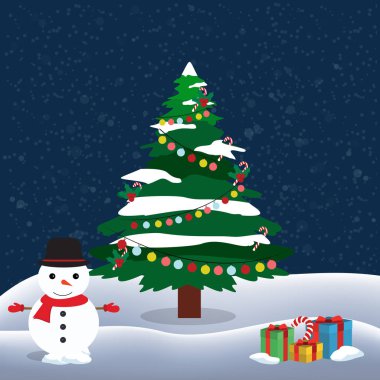 kar, vektör, illüstrasyon ağaç ve hediye kutuları ile şık Noel tebrik kartı 