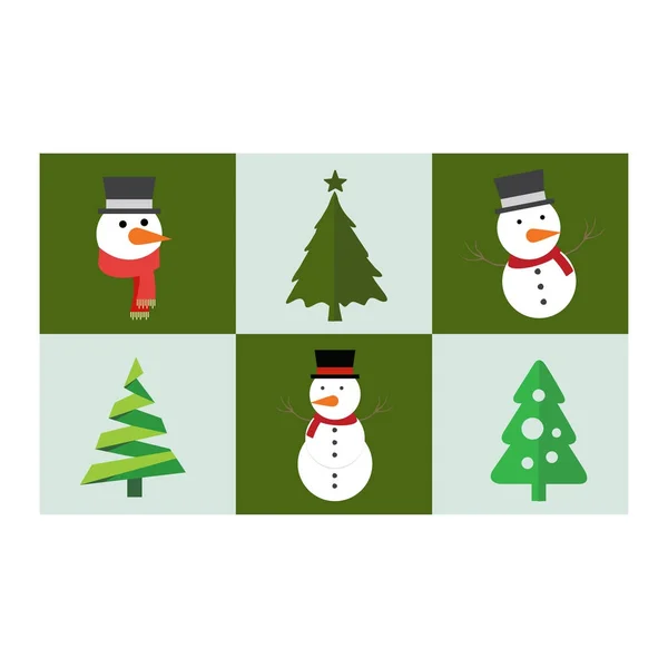 Set Icone Pupazzi Neve Alberi Natale Vettore Illustrazione — Vettoriale Stock