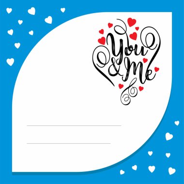Minimalist afiş St Sevgililer günü için. Sen ve ben mavi çerçeve içinde yazı.
