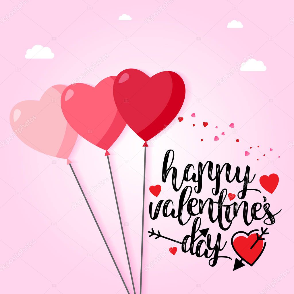 Minimalistic banner to St. Valentines day. Heart shaped balloons on pink with lettering.