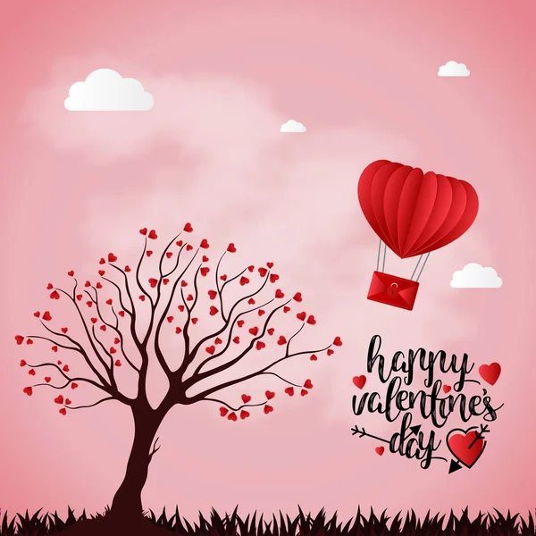 Happy Valentine Day Card Pink Background Tree — Stock Vector