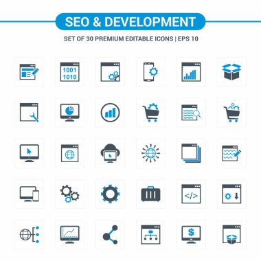 SEO ve geliştirme mavi ve gri simgeleri