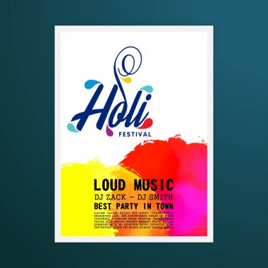 mutlu holi Festivali. renkli suluboya, yaratıcı tipografi ve örnek metin sahip beyaz holi broşürü
