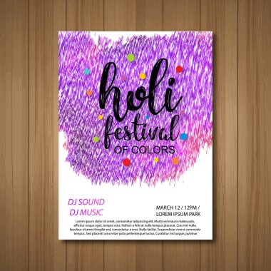 mutlu holi Festivali. renkli suluboya, yaratıcı tipografi ve örnek metin sahip beyaz holi broşürü