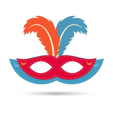 turuncu ve mavi tüylü beyaz zemin üzerine kırmızı ve mavi karnaval maskesi