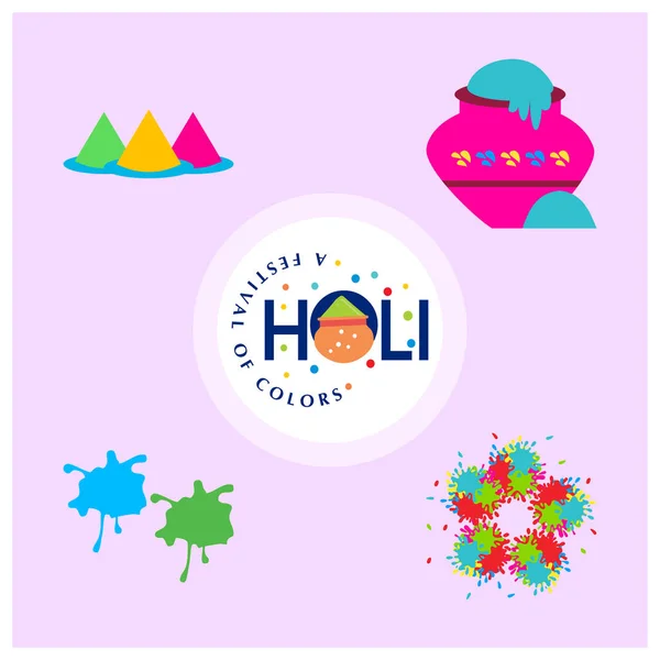 Feliz Festival Holi Ícones Coloridos Holi Com Tipografia Criativa — Vetor de Stock