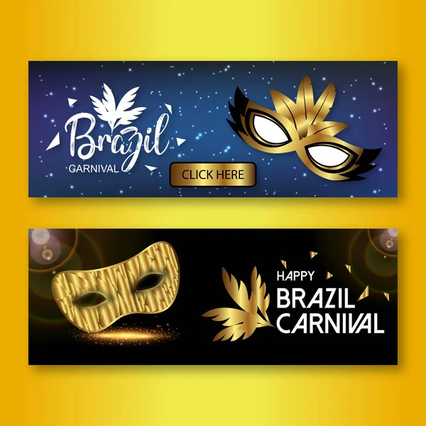 Fröhliches Brasilianisches Karnevalsfest Karnevalsfahnen Mit Goldenen Masken Und Kreativen Weißen — Stockvektor