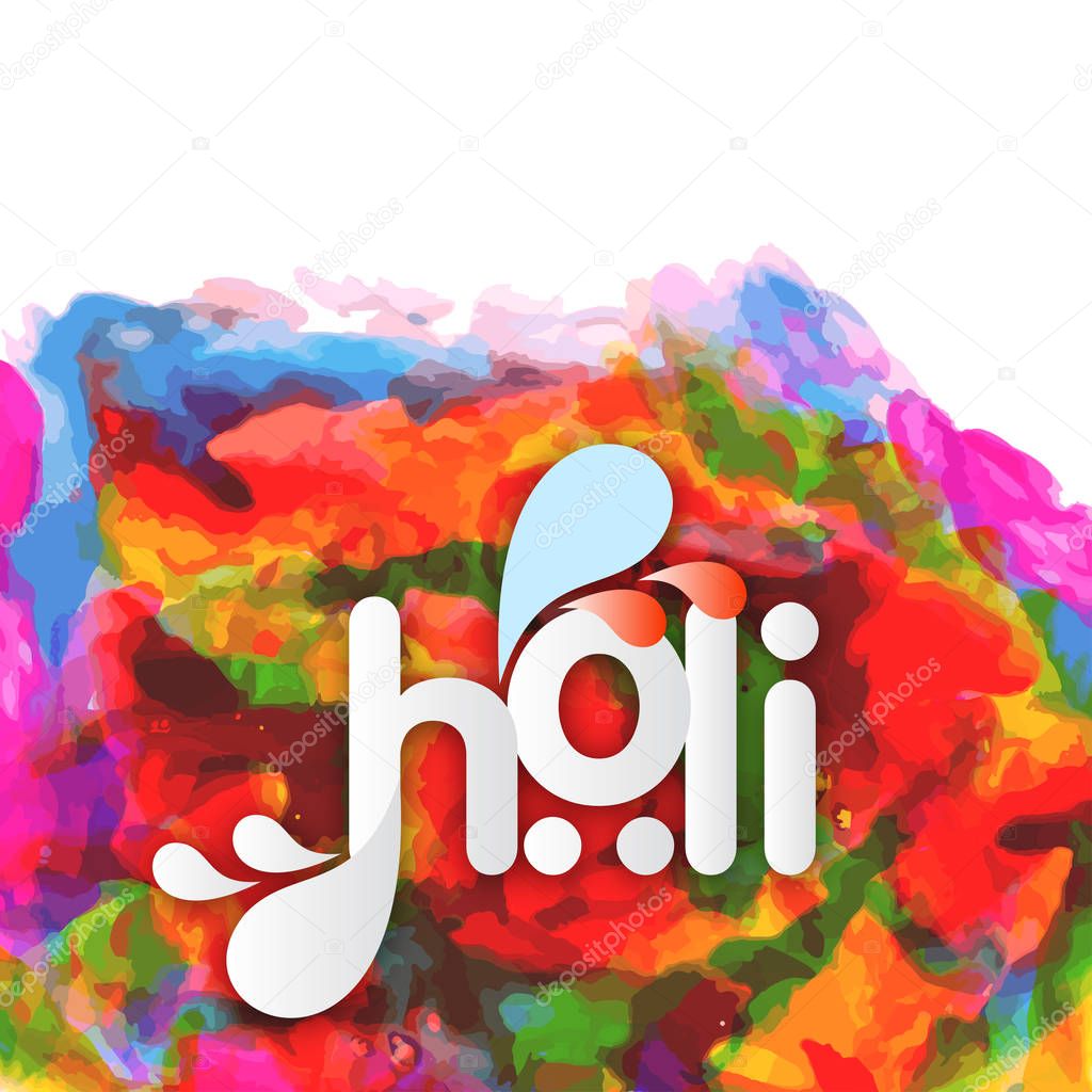 happy holi festival. watercolors mixing on white ground. creative typography
