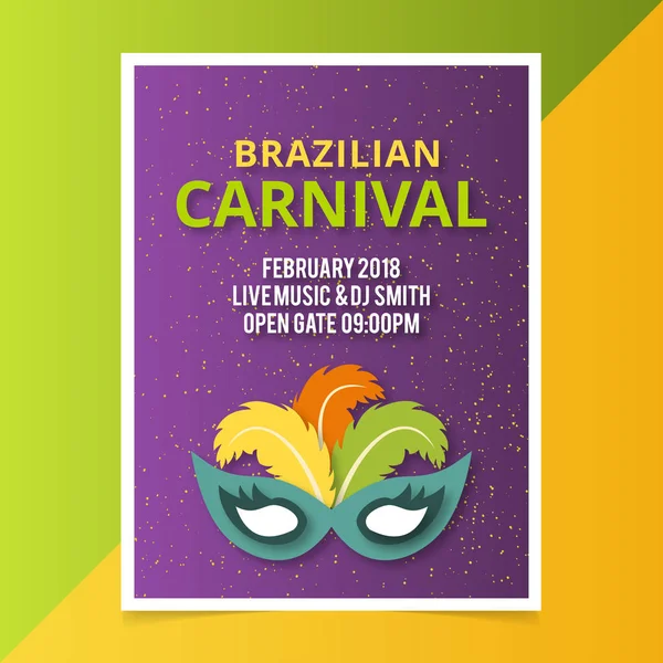 Бразильская Карнавальная Лиловая Брошюра Пригласительным Текстом Красочной Карнавальной Маской Зеленом — стоковый вектор