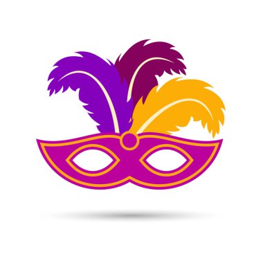 pembe karnaval maskesi sarı anahat ve beyaz arka plan üzerinde renkli tüyleri ile