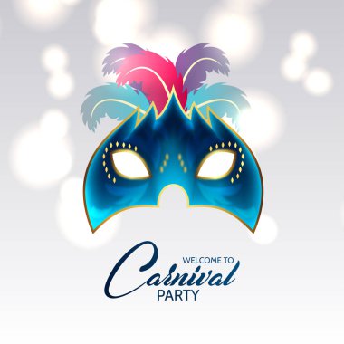 Altın vuruş ve tasarım öğeleri ve renkli tüyleri ve beyaz parlak zemin üzerine mavi tipografi ile mavi karnaval maskesi