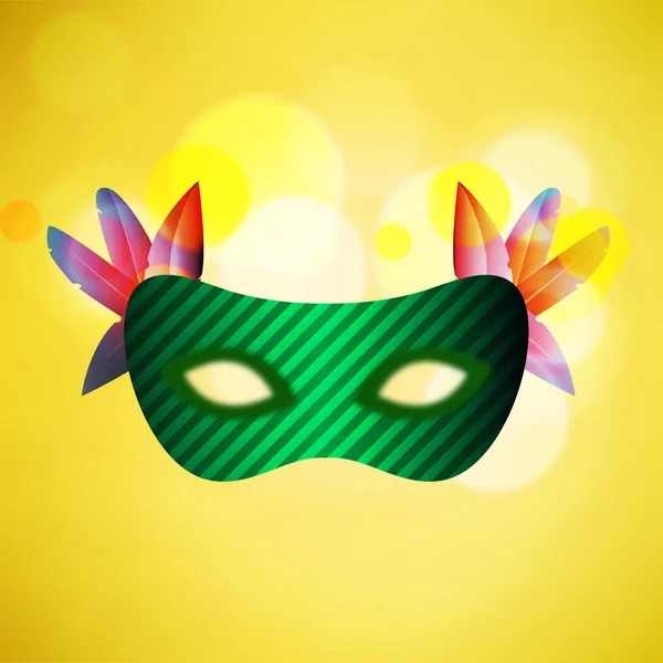 Grüne Karnevalsmaske Mit Bunten Federn Auf Gelbem Hellem Hintergrund — Stockvektor