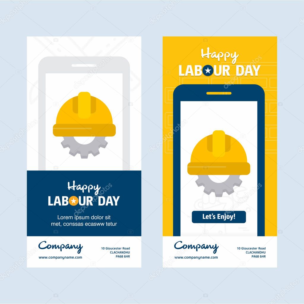 Vector illustration of Happy Labour day banner design with yellow and blue theme vector and construction tool