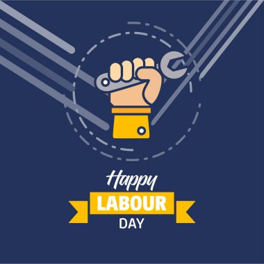 Vektör çizimi mutlu İşçi Bayramı afiş tasarım sarı ve Mavi Tema vektör ve inşaat aracı ile