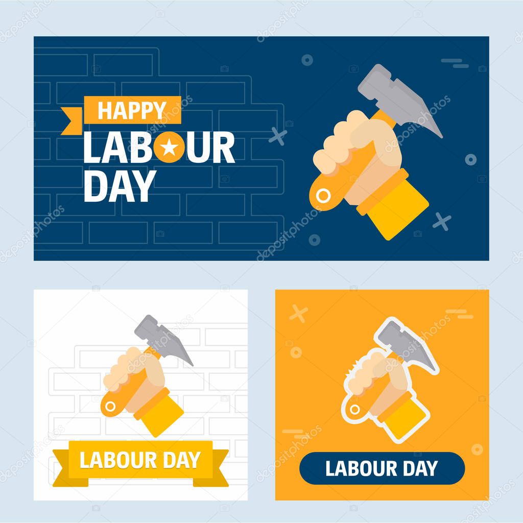 Vector illustration of Happy Labour day banner design with yellow and blue theme and construction tools
