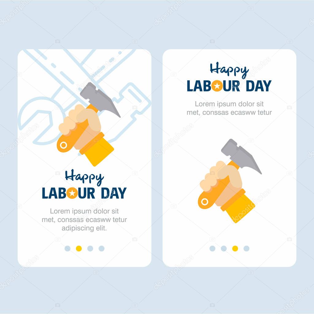 Vector illustration of Happy Labour day banner design with yellow and blue theme and construction tools
