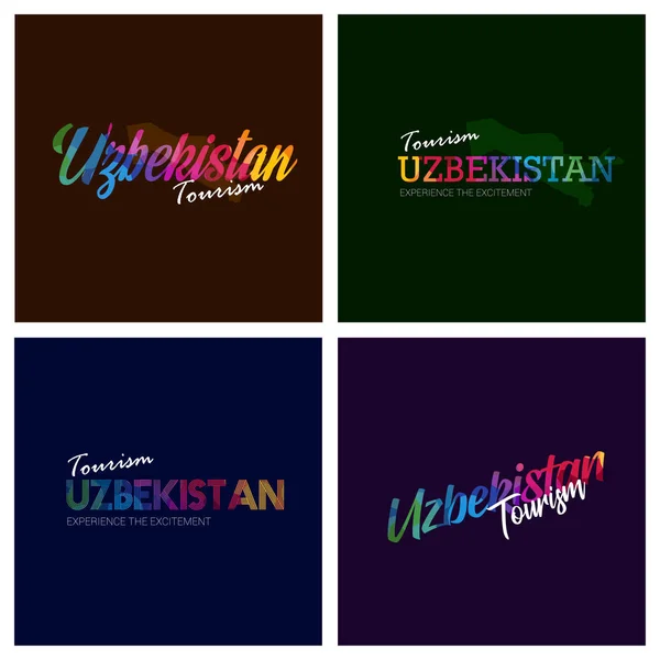 Turismo Uzbekistán Tipografía Logotipo Fondo Conjunto — Vector de stock