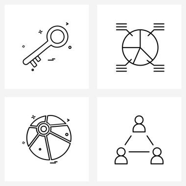 Web Uygulamaları için 4 Evrensel Satır Simgesi Paketi anahtar, voleybol topu, koruma, strateji, işbirliği vektörü illüstrasyonu