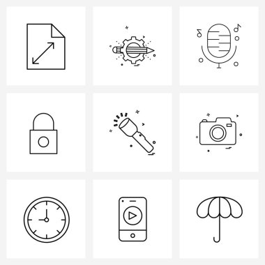 Mobil UI Hattı Simgesi Seti 9 Modern Pictogram kamera, meşale, kaydedici, yıldırım, el feneri vektörü ilülasyonu