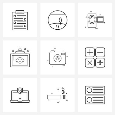 Kamera, çerçeve, kamera, aile, dslr Vektör İllüstrasyonu 9 Satır Simgesi ve Sembolleri