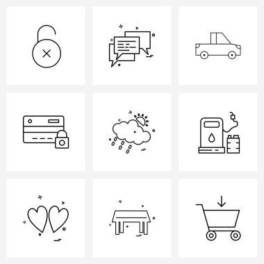 9 Evrensel Çizgi Simgesi: Güneş, hava, ulaşım, bulut, atm kartı illüstrasyonu