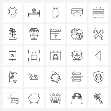 25 Basit Satır Simgesi Taşıma, bagaj, usb disk, tatil, soğutma vektörü İllüstrasyonu