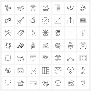 49 Modern Satır Simgesinin Evrensel Sembolleri: Şah, dalga, küp, güneş, Rubik Vektör İllüstrasyonu