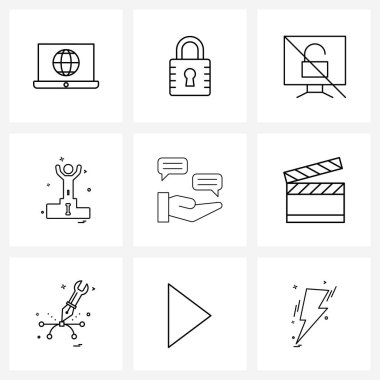 İzole edilmiş Semboller Tamam, geribildirim, monitör, pozisyonlar, oyun vektörü ilüstrasyonunun 9 Basit Satır Simgesi Kümesi