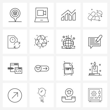 UI 16 Temel Satır Simgesi kümesi zaman, belge, grafik, veri, sağlık vektörü illüstrasyonu