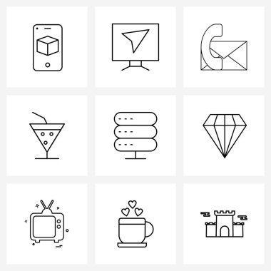 9 Düzenlenebilir Vektör Satırı Simgesi ve Elmas, ağ, zarf, yönlendirici ve içki vektörü İllüstrasyonunun Modern Sembolleri