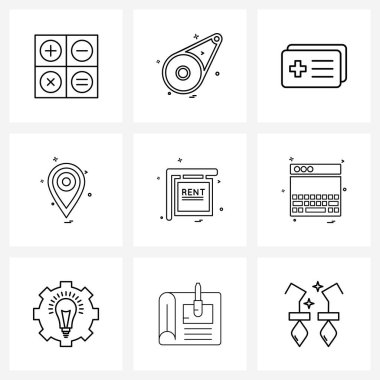 Mobil UI Çizgisi Simgesi: 9 Modern Pictogram ev, ev, kimlik, ev, harita vektörü ilüstrasyonu