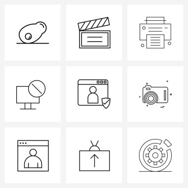 Web ve Mobil kullanıcı profili için 9 Evrensel Satır Simgesi, hata, yazdırma, masaüstü, blok Vektör İllüstrasyonu