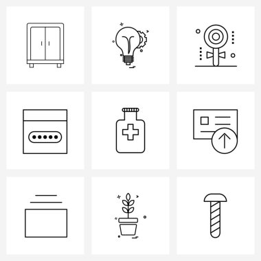 UI 9 Temel Hat Simgeleri İlaç, yükleme, şekerleme, ilerleme, Vektör İllüstrasyonu yükleme
