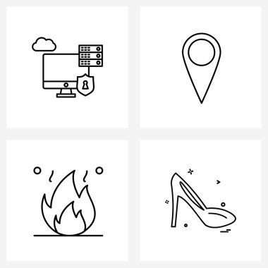 Bilgisayar korumalı modern simgelerin 4 Arayüz Satırı Simgesi Kümesi; ateş; ekran; işaretleyici; sandal Vektörü İllüstrasyonu