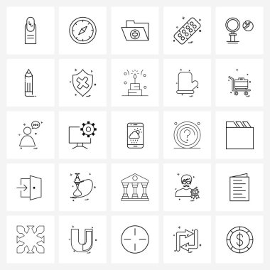 25 Modern Pasta Grafiği Simgesi Satır Simgesi, Tabletler, Turizm, Sağlık, Tıbbi Vektör İllüstrasyonu