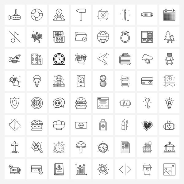 64 Интерфейс Линия иконы Набор современных шрифтов на инструменте, молоте, море, строительстве, идее
