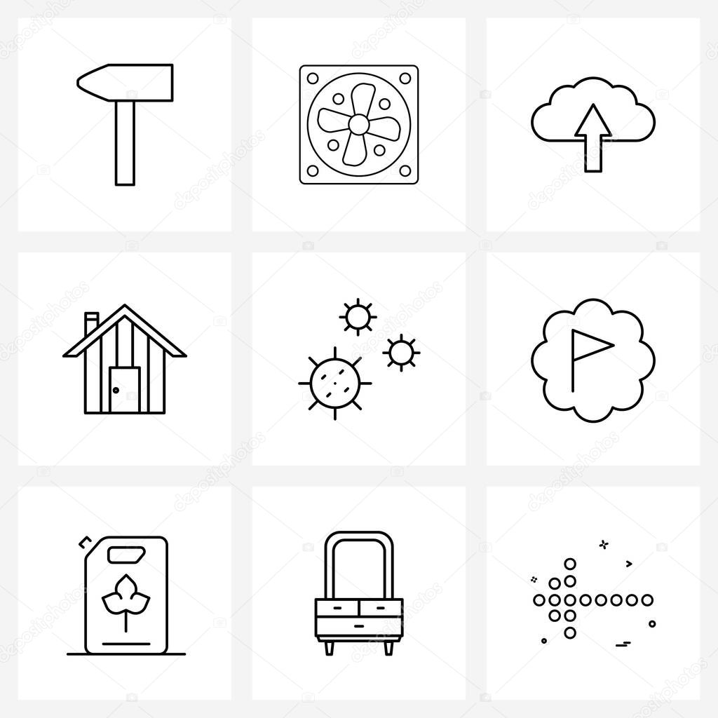 UI Set of 9 Basic Line Icons of cog, hut, uploading, home, house Vector Illustration