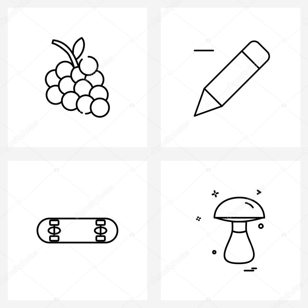 Mobile UI Line Icon Set of 4 Modern Pictograms of grapes, sports, pencil, less, mushroom Vector Illustration