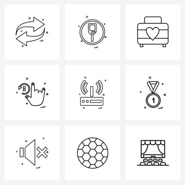 İzole Semboller: İnternet, eylem, çanta, mola, el vektörü illüstrasyonunun 9 Basit Satır Simgesi